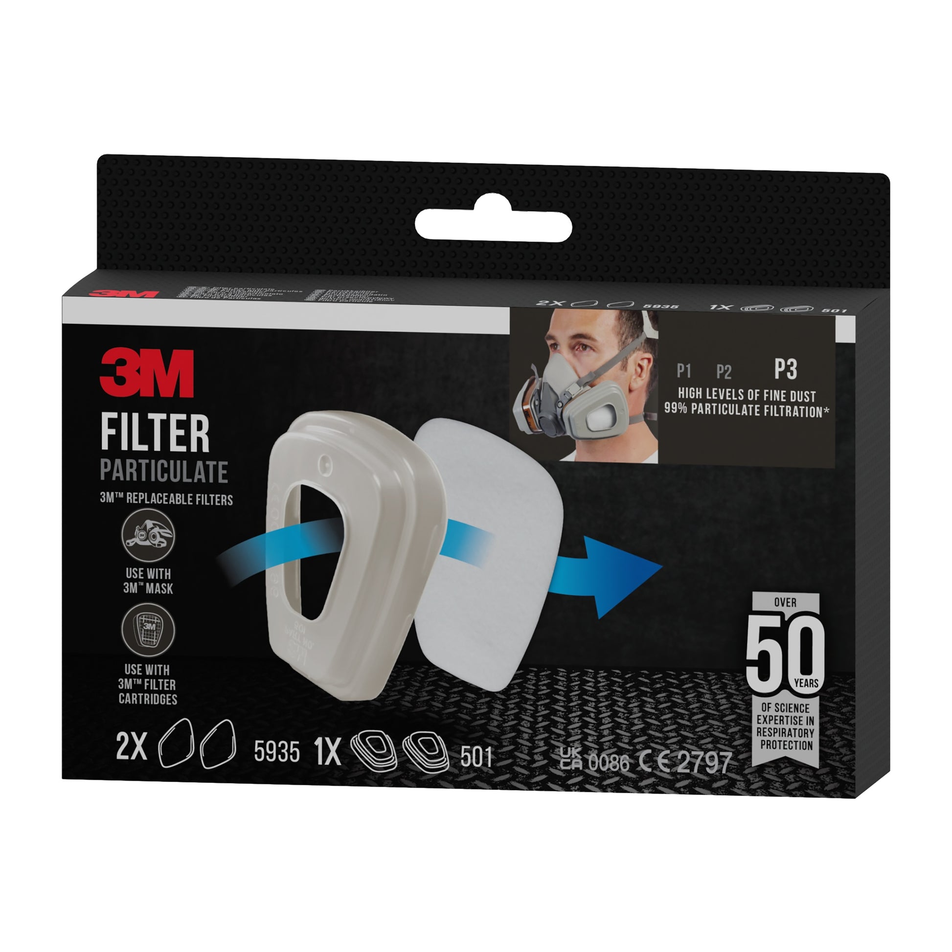 Eine Packung 3M™ Partikelfilter 5935, P3 (2 Paar) und Filterhalterung 501 (1 Paar) von 3M Deutschland GmbH, mit P3-Filterung, Kompatibilität mit 3M-Masken und detaillierten Verpackungsinformationen.