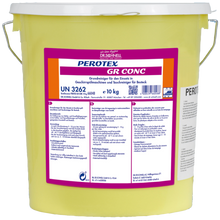 10 kg gelber Kunststoffeimer mit DR.SCHNELL PEROTEX GR CONC, einem hochalkalischen Geschirrspülmittel für gewerbliche Spülmaschinen, in deutscher Sprache beschriftet mit Produktinformation und Barcode. Ideal für Großküchen.