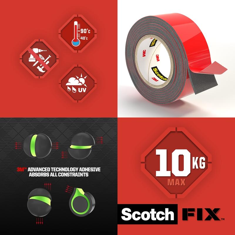A collage shows symbols for heat, water, and UV resistance, a roll of Scotch-FIX™ Extreme double-sided outdoor mounting tape from 3M Deutschland GmbH, an adhesive diagram, and text: "10 KG MAX" and "Scotch FIX".