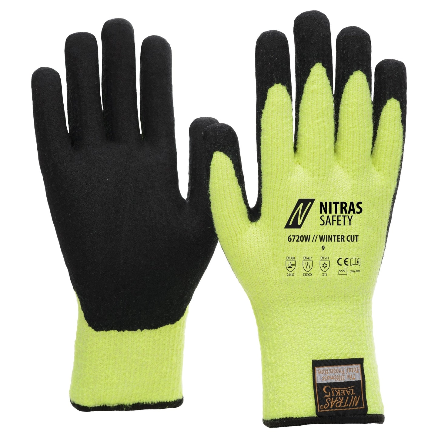 NITRAS TAEKI WINTER CUT, Schnittschutzhandschuhe, neongelb / schwarz
