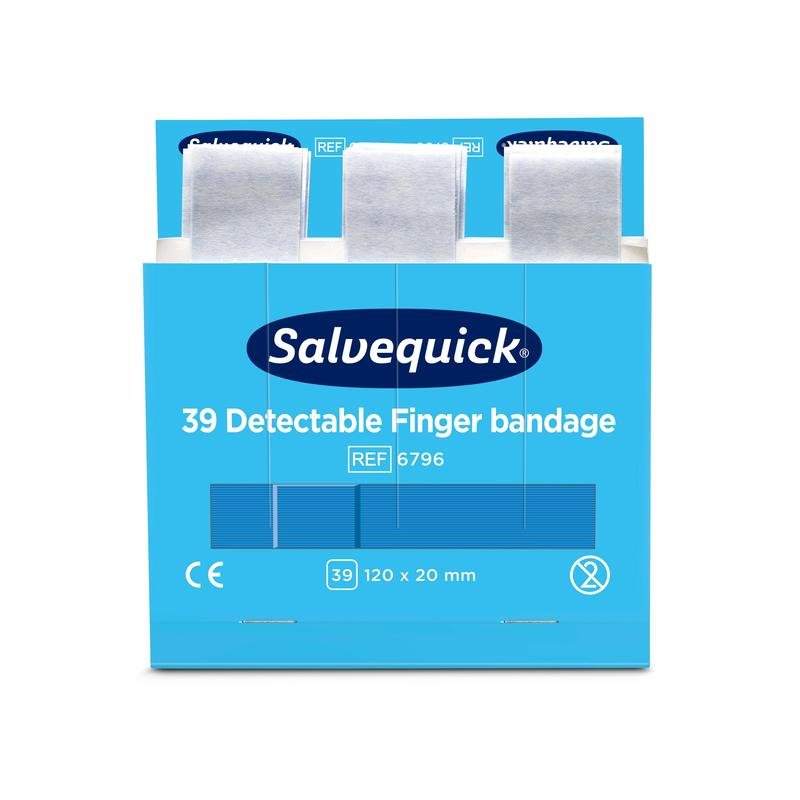 A blue box labeled "Blue Detectable Finger Bandage, 120 x 20 mm, 39 pcs/box" by Orkla Wound Care AB, with three bandages partially pulled out. The box contains product information, including the CE mark and dimensions. Package (6 pieces).
