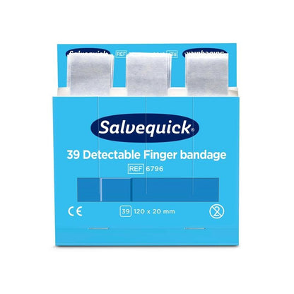 A blue box labeled "Blue Detectable Finger Bandage, 120 x 20 mm, 39 pcs/box" by Orkla Wound Care AB, with three bandages partially pulled out. The box contains product information, including the CE mark and dimensions. Package (6 pieces).