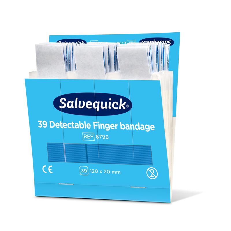 A blue box labeled "Blue Detectable Finger Bandage, 120 x 20 mm, 39 pcs/mine | Package (6 pieces)" by Orkla Wound Care AB contains individually wrapped bandages and displays the size, packaging information, and regulatory symbols.