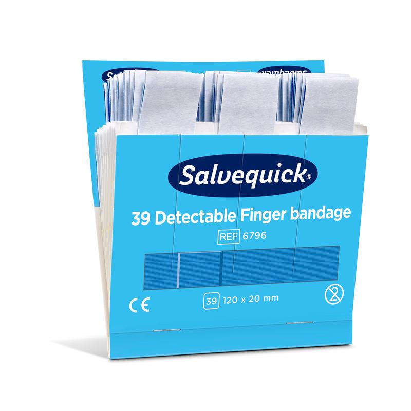 An open blue box labeled "Orkla Wound Care AB Blue Detectable Finger Bandage, 120 x 20 mm, 39 pcs/min" (pack of 6) contains individually wrapped bandages.