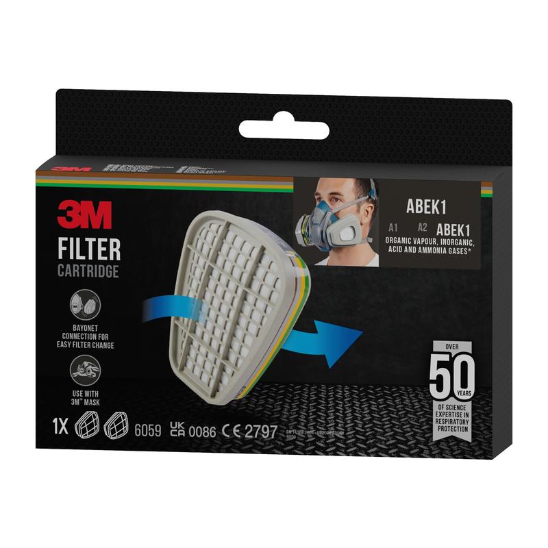 A rectangular box of the 3M™ Filter Cartridge 6059, ABEK1 Combination Filter (1 Pair/Pack) from 3M Deutschland GmbH, designed for respirators and protection against various gases and vapors with over 50 years of experience.