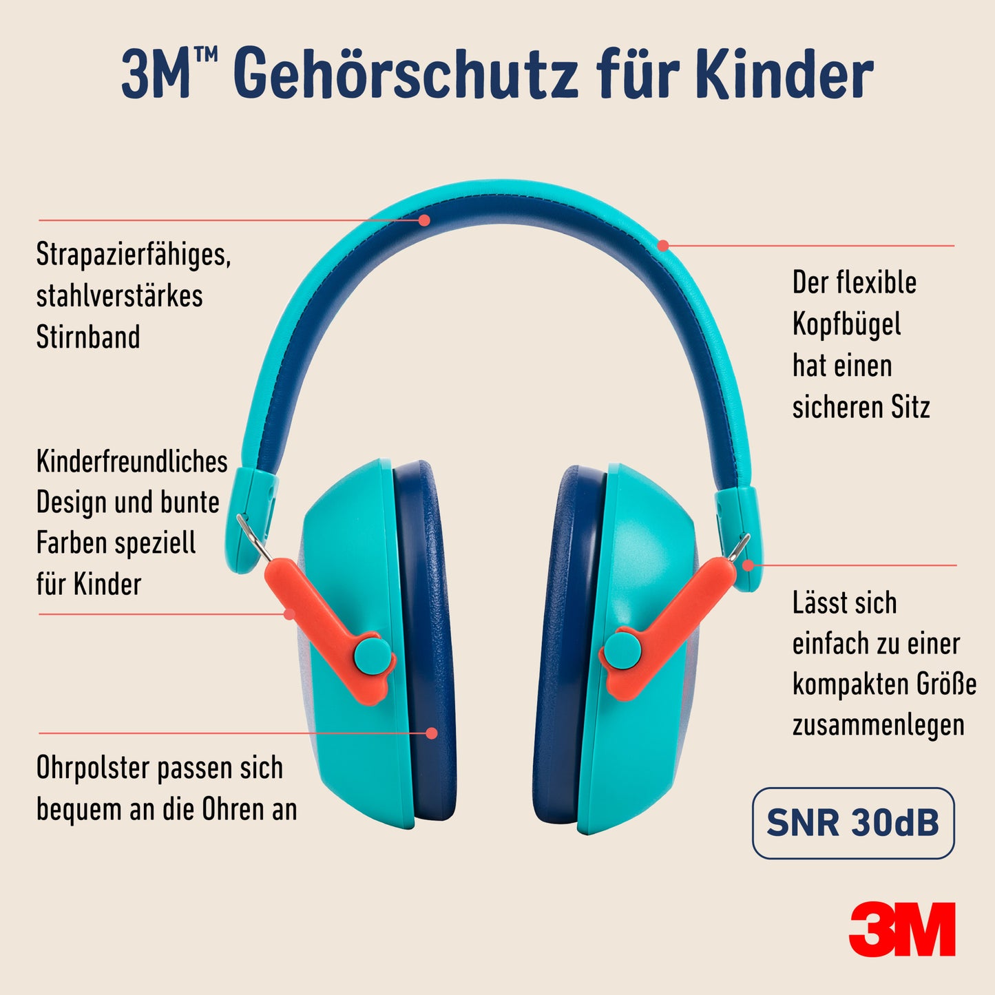 Der 3M™ Gehörschutz für Kinder PKIDSP-TEAL-E, türkis (87-98 dB) von 3M Deutschland GmbH zeigt ein kinderfreundliches Design mit starkem Kopfbügel, bequemen Ohrpolstern und faltbarem Sitz. 3M Logo in der Ecke. Die Packung enthält 1 Stück.