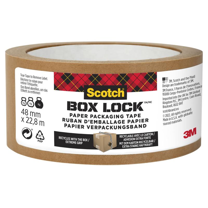 A 48 mm x 22.8 m roll of Scotch® Box Lock™ Paper Packaging Tape from 3M Deutschland GmbH, with product information and recycling details on the label in German, English, and French.