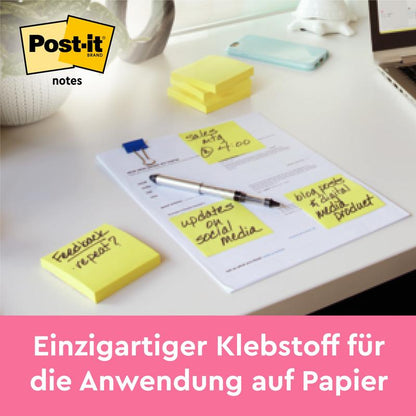 A desk with Post-it® Notes from 3M Deutschland GmbH (76 mm x 76 mm, 100 sheets/block, 100% PEFC) - some on paper with handwritten notes, some in stacks. Text below: "Unique adhesive for use on paper.