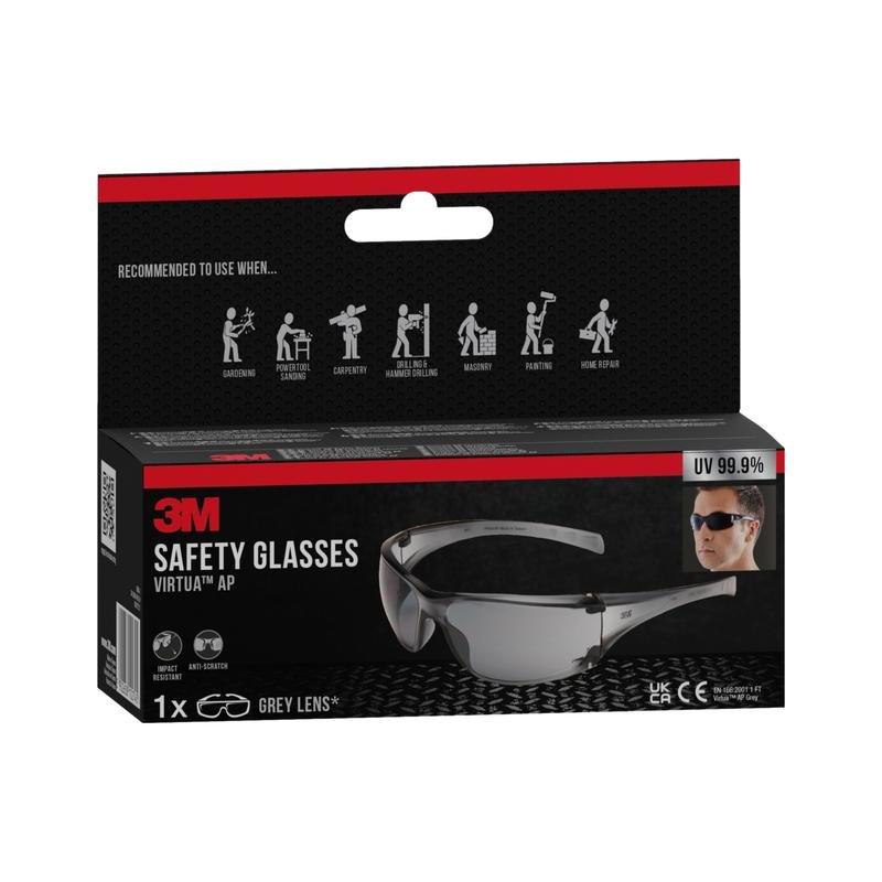A black-red box of the 3M™ Virtua™ AP safety glasses from 3M Deutschland GmbH shows the glasses and a wearer, with symbols for eye protection. The packaging highlights gray lenses and UV protection.