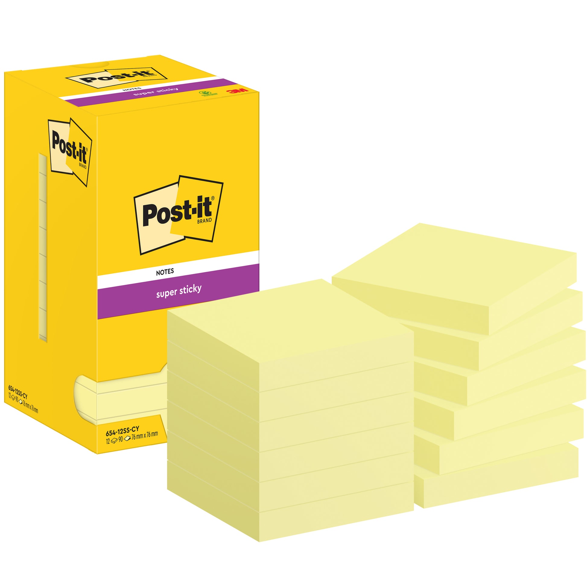 Eine gelbe Schachtel mit der Aufschrift "Post-it® Super Sticky Notes, 76 mm x 76 mm, 90 Blatt/Block" der 3M Deutschland GmbH wird neben mehreren Stapeln gelber quadratischer Haftnotizblöcke in zwei Gruppen gezeigt.