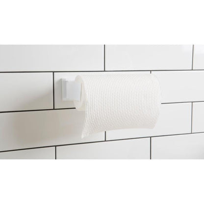 A roll of white textured toilet paper is mounted on a holder using the 3M Germany GmbH Scotch-FIX™ Double-Sided Indoor Mounting Squares 4496-ST16-P (25 mm x 25 mm, 16 pieces/package) for strong, reliable indoor mounting on tiled walls.