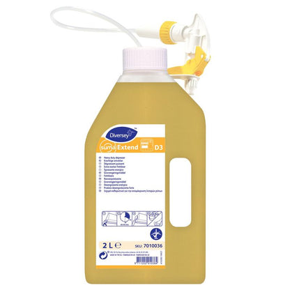 A 2-liter bottle of Diversey Deutschland GmbH & Co. OHG Suma Extend D3, degreaser, ready-to-use, aluminum-safe with a white-yellow pump and a detailed label for ready-to-use aluminum-safe cleaning.