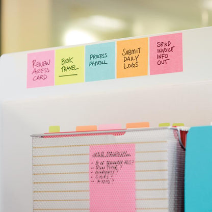 Colorful Post-it® Notes cubes (76 x 76 mm, 450 sheets, 100% PEFC) from 3M Deutschland GmbH - labeled with tasks like "RENEW ACCESS CARD" and "SEND BILLING INFO" - are attached over the files on a white divider.