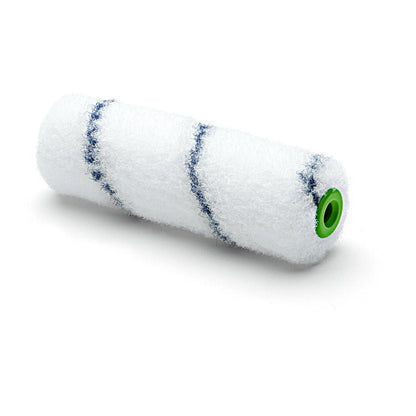 A white 10 cm Nölle Profi Brush small area roller nylon paint roller cover with two blue stripes and green plastic core by Nölle Profi Brush Bürsten- & Pinseltechnik e.K., depicted on a white background. Ideal for precise painting work.