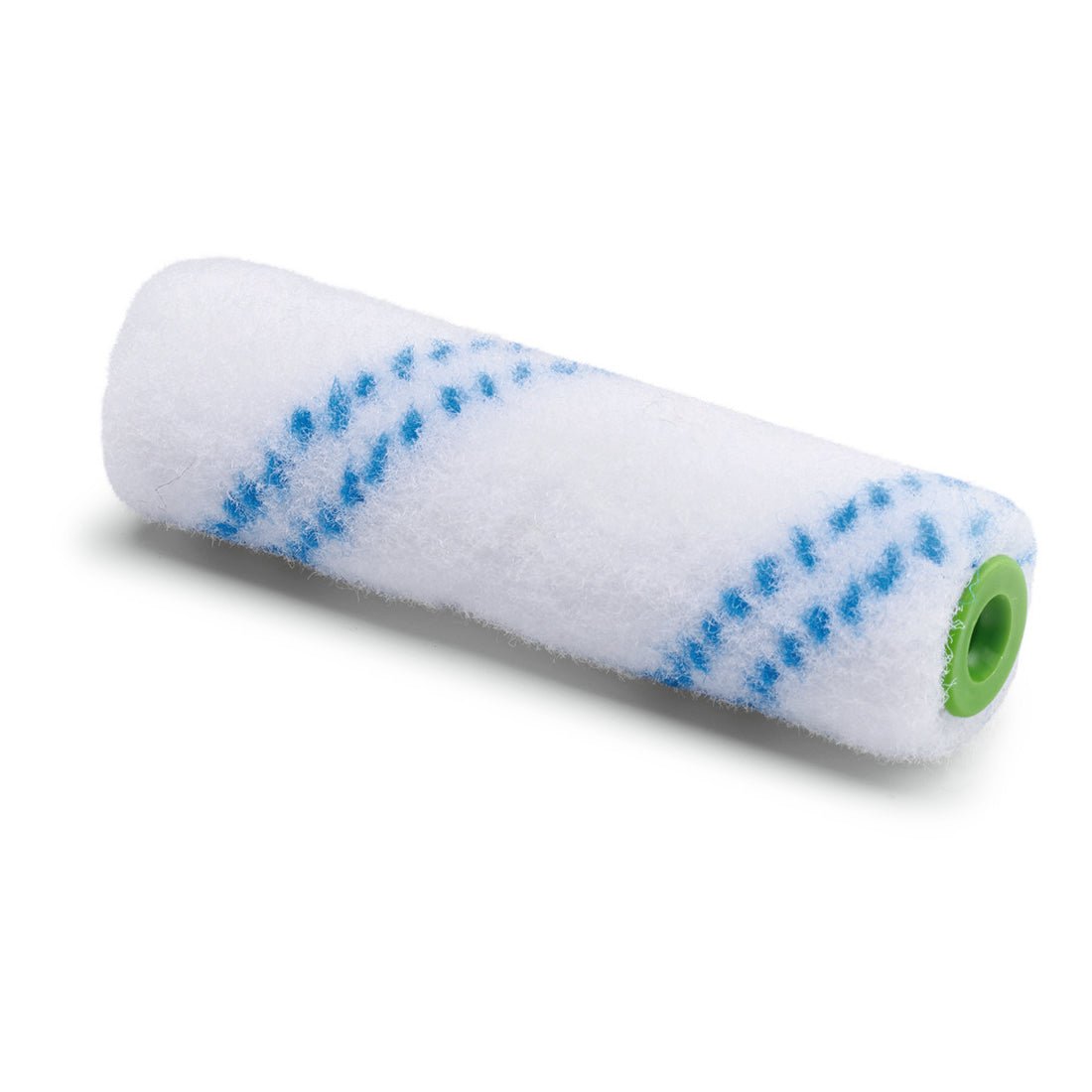 The Nölle Profi Brush small area roller nylon 10 cm, by Nölle Profi Brush Bürsten- & Pinseltechnik e.K., with blue stripes and green plastic core, is depicted on a white background.