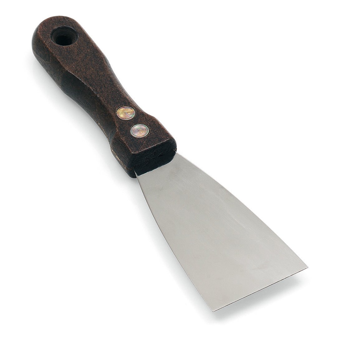 Die Nölle Profi Brush Profi-Malerspachtel Edelstahl-Rostfrei von Nölle Profi Brush Bürsten- & Pinseltechnik e.K. hat eine breite, flache Klinge aus rostfreiem Stahl und einen dunklen Holzgriff mit zwei Metallnieten, abgebildet auf weißem Grund.