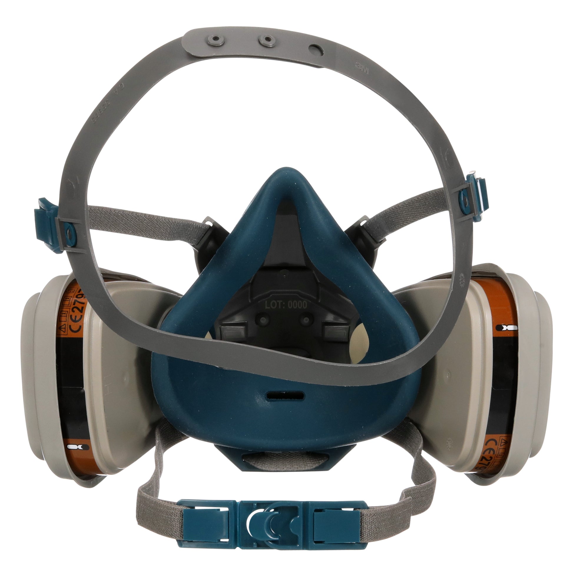 Die 3M™ Quick Latch-Atemschutzmaske 6502QLKIT-1 von 3M Deutschland GmbH bietet wiederverwendbaren Schutz gegen organische Dämpfe mit austauschbaren A2P3 Filtern, Doppelkartuschen, verstellbaren Gurten und einem blau-grauen Design - siehe Frontansicht.