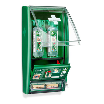 The Orkla Wound Care AB Cederroth eye wash station contains 2 x 500 ml eye wash bottles and a Salvequick plaster dispenser, all protected by transparent covers - ideal for emergency eye wash situations.