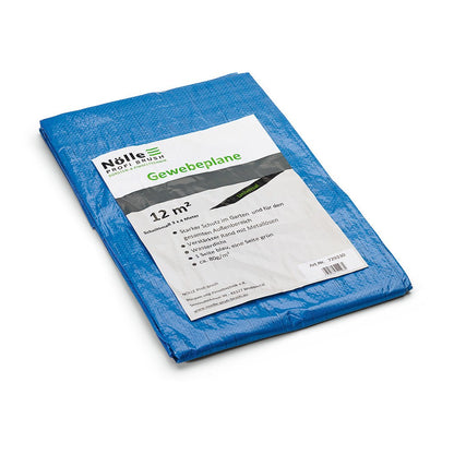 A folded blue tarpaulin with a white-green label showing that it is a 12m² weather protection polyethylene tarp, Nölle Profi Brush tarpaulin 80 g/m from Nölle Profi Brush Bürsten- & Pinseltechnik e.K.