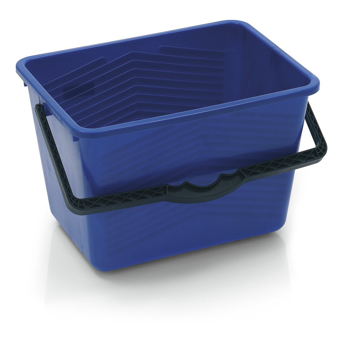 The Nölle Profi Brush paint bucket 14 liters from Nölle Profi Brush brush & paintbrush technology e.K. is a rectangular, blue bucket with a black handle and side grooves - ideal for painting and renovations.