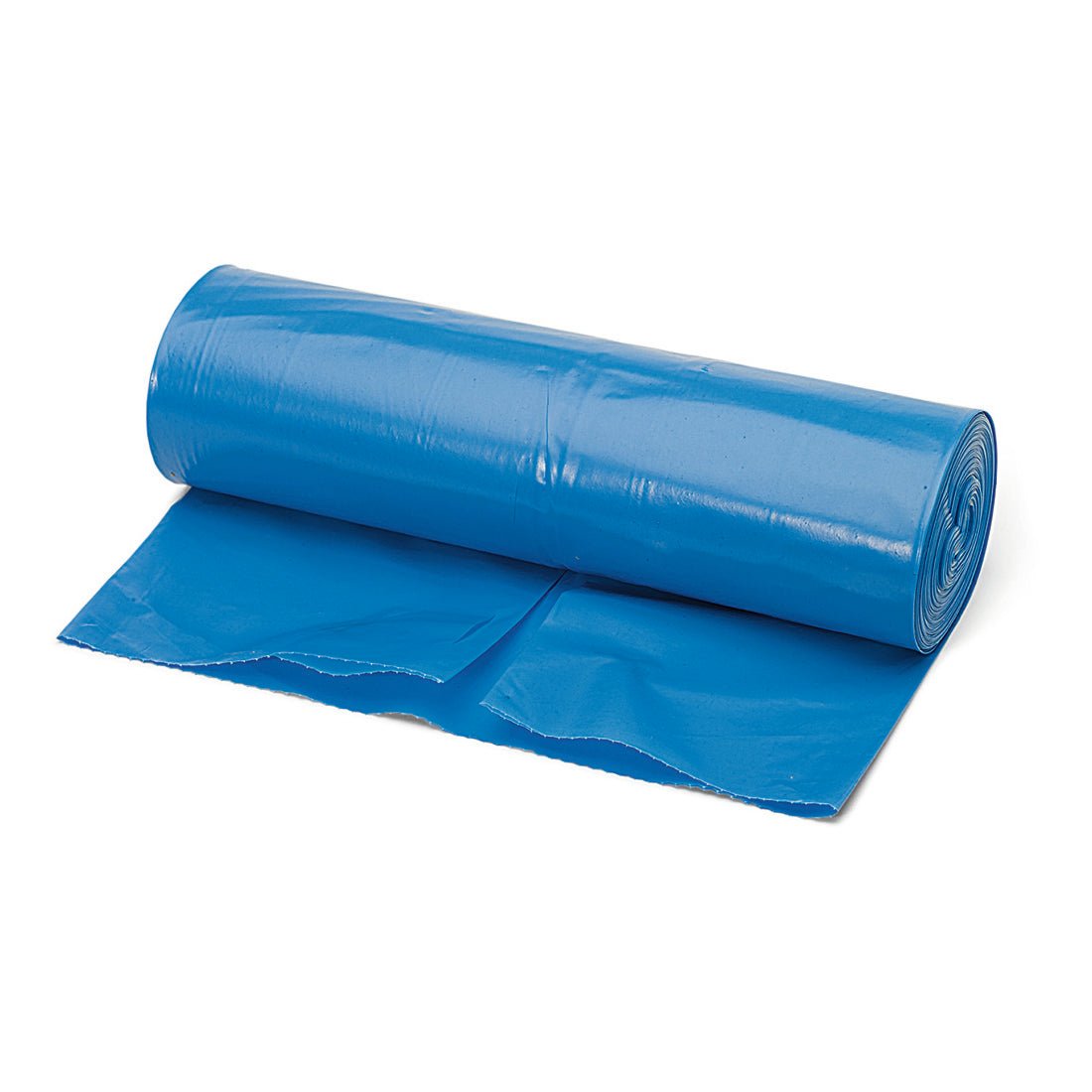 A blue Nölle Profi Brush garbage bag extra strong, 120 liters (70 my), from Nölle Profi Brush brush & paint technique e.K., with part of the garbage bag unrolled and lying flat on a white background.