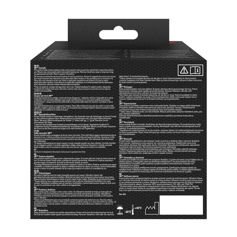 Die Abbildung zeigt die Rückseite einer schwarzen 3M™ Kapselgehörschützer mit faltbarem Kopfbügel 90563E Box (SNR 30 dB, 1 Stück, von 3M Deutschland GmbH) mit mehrsprachigem weißem Text, Warnsymbolen und Temperaturbereichsgrafiken.