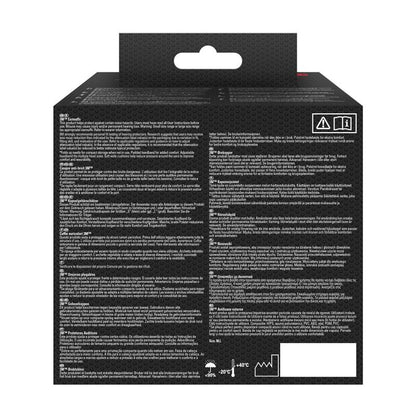 Die Abbildung zeigt die Rückseite einer schwarzen 3M™ Kapselgehörschützer mit faltbarem Kopfbügel 90563E Box (SNR 30 dB, 1 Stück, von 3M Deutschland GmbH) mit mehrsprachigem weißem Text, Warnsymbolen und Temperaturbereichsgrafiken.