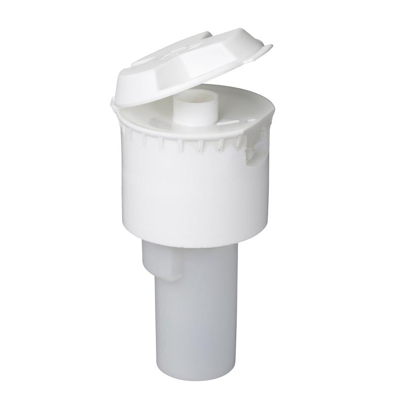 The 20-ml white dosing cap from Diversey Deutschland GmbH & Co. OHG is a white plastic dosing cap with a flip-top designed for 2-liter bottles and 1-liter EXACT dosing bottles; shown here partially open with the inner nozzle visible. Functional design, sold in a carton (6-pack) against a white background.