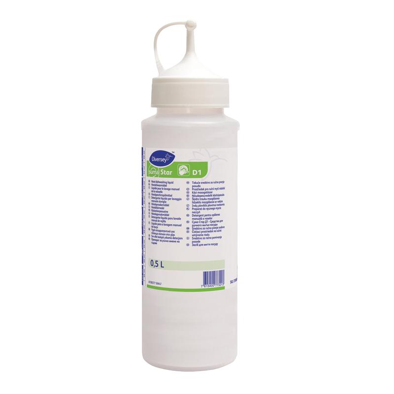 A 0.5L dosing bottle made of white plastic with the label "Suma Star D1" from Diversey Deutschland GmbH & Co. OHG, with a pointed spout and cap; including a multilingual manual. The package contains 6 bottles.