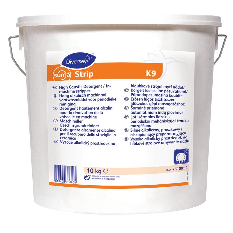 Ein 10 kg weißer Kunststoffeimer von Suma Strip K9, schaumhemmender pulverförmiger Geschirrgrundreiniger von Diversey Deutschland GmbH & Co. OHG, ideal für Geschirrspülmaschinen in der Gastronomie. Mehrsprachige Anleitung auf dem Etikett.
