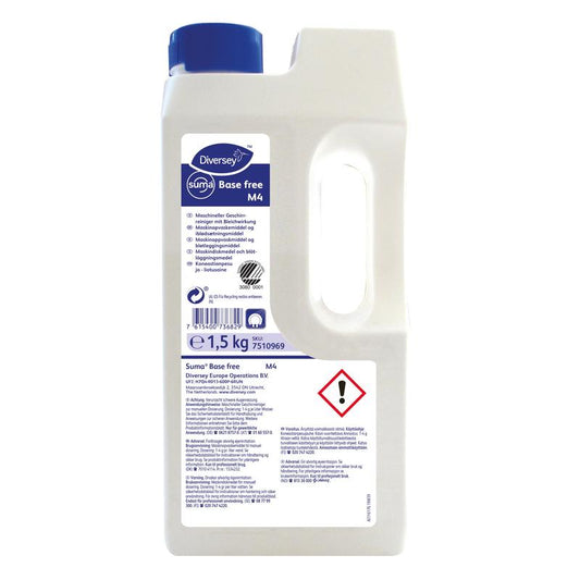 Eine 1,5-kg-Plastikflasche Suma Base free M4 Geschirrreiniger mit Bleichwirkung durch Aktivsauerstoff von Diversey, mit blauem Verschluss, Griff, Warnsymbol und einem Frontetikett mit Produkt- und Sicherheitsangaben.