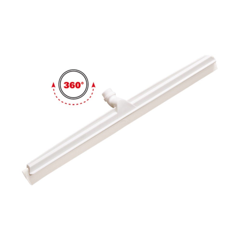 Der weiße Wasserschieber (615 x 32 x 25 mm) von Diversey Deutschland GmbH & Co. OHG verfügt über ein zentrales Gelenk zur 360° drehbaren Stielbefestigung, das eine effiziente Reinigung nasser Oberflächen ermöglicht. Die Packung enthält 1 Stück.