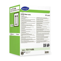A green-and-white rectangular container labeled "Suma Star-conc D1 conc, highly concentrated hand dishwashing detergent" (10 l) by Diversey Deutschland GmbH & Co. OHG, featuring black text, symbols, and barcodes for effective cleaning.