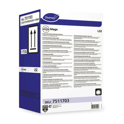The Diversey Deutschland Suma Mega L52 dishwashing detergent for soft water is delivered in a rectangular box with product information, instructions for use, and safety symbols on the front and side walls.