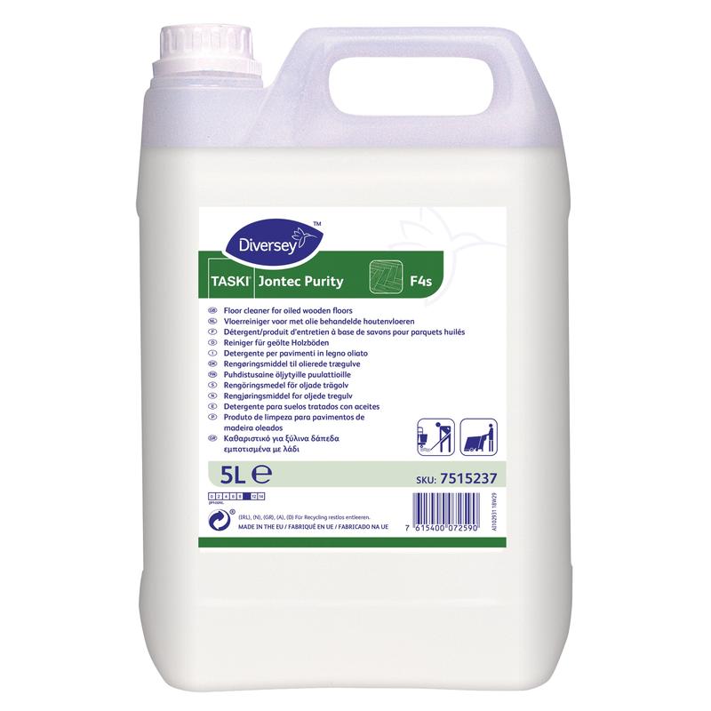 The 5-liter TASKI Jontec Purity soap cleaner for oiled wood floors from Diversey Deutschland GmbH & Co. OHG comes in a canister with a white label featuring instructions and symbols, as well as a secure white screw cap.