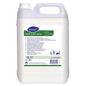The 5-liter TASKI Jontec Purity soap cleaner for oiled wood floors from Diversey Deutschland GmbH & Co. OHG comes in a canister with a white label featuring instructions and symbols, as well as a secure white screw cap.