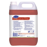 A 5L canister of TASKI Sani Cid Pur-Eco Sanitary Maintenance Cleaner from Diversey Germany, containing natural citric acid, with a white handle and lid, a multilingual label, red liquid, and EU environmental certification.
