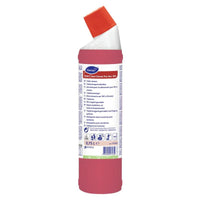 The red bottle of TASKI Sani Clonet Pur-Eco Toilet Cleaner from Diversey Deutschland GmbH & Co. OHG, featuring a white-and-red twist-off cap, holds 0.75 liters. The label contains multilingual information. The eco-friendly formula ensures hygienic cleanliness.