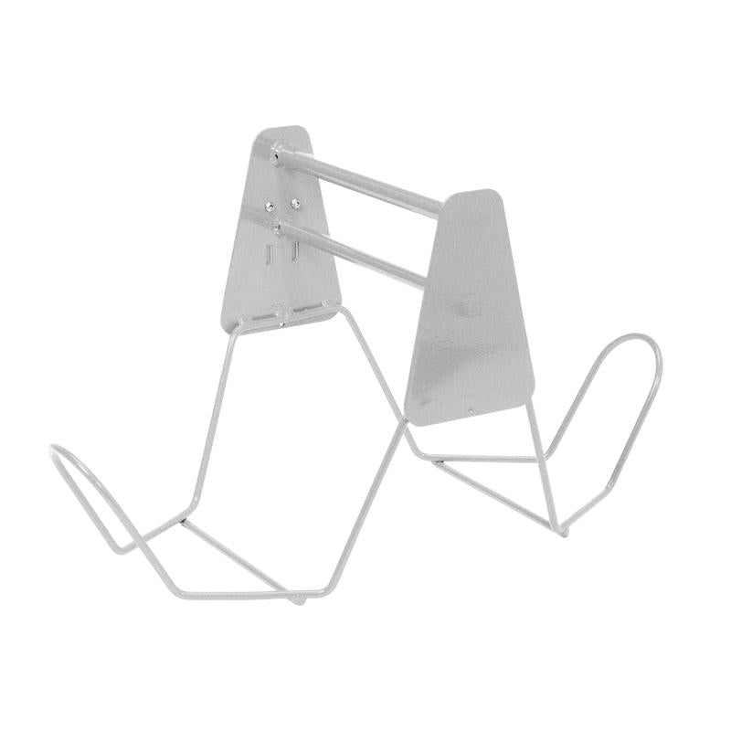 A minimalist stand made of silver metal wire with angled arms and a flat back, perfect for keeping the TASKI wet mop holder from Diversey Germany upright during cleaning when used with 15-liter buckets (7517292/7517293) and the press (7517291).