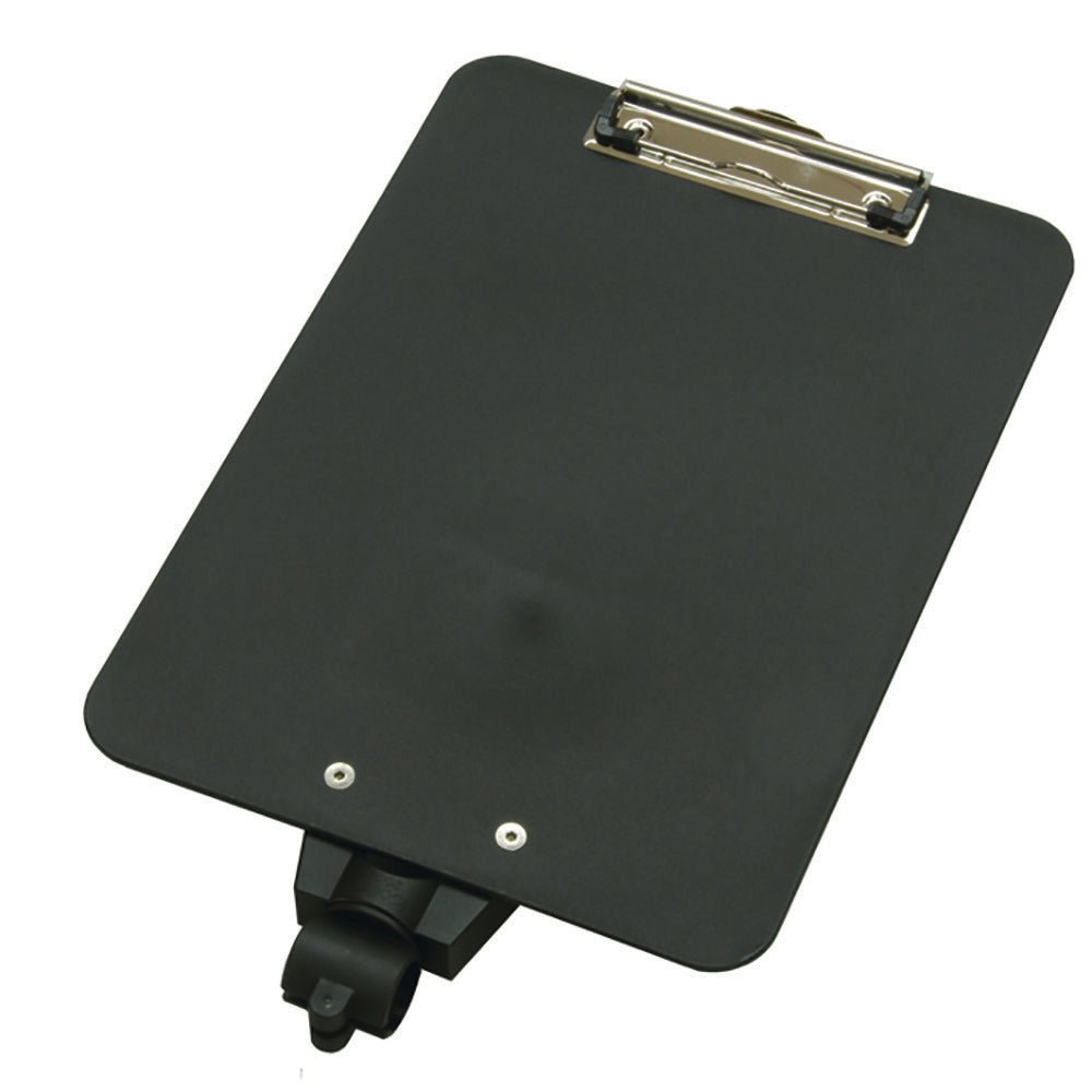 The TASKI document holder from Diversey Deutschland GmbH & Co. OHG features a silver metal clip and a swivel mount, compatible with all trolleys—ideal for commercial settings. Shown at an angle against a white background.