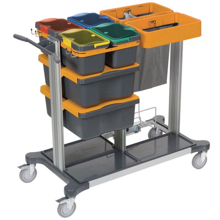 The TASKI Midi Closed for Jonmaster from Diversey Deutschland GmbH & Co. OHG is a cleaning cart with closed drawers for optimal hygiene, ideal for pre-wetting cleaning textiles, and features four wheels for easy mobility.