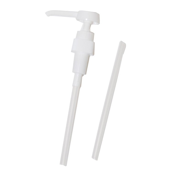 A white Diversey plastic pump for 1l and 500ml Euronorm and Soft Care Man bottles (2ml stroke, DIN25, 125mm & 170mm dip tubes), pictured with extension piece; pack of 5, by Diversey Deutschland GmbH & Co. OHG.