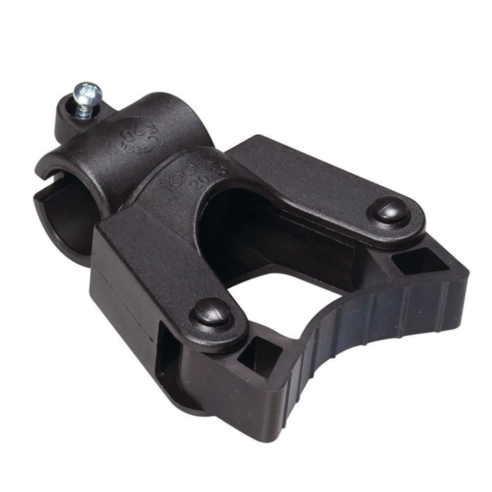 The TASKI handle holder for pipe fastening (20 mm) by Diversey Deutschland GmbH & Co. OHG is a black plastic clamp with a textured grip, rounded hinge, and metal pin - ideal for manual pipe fastening (package: 1 piece).