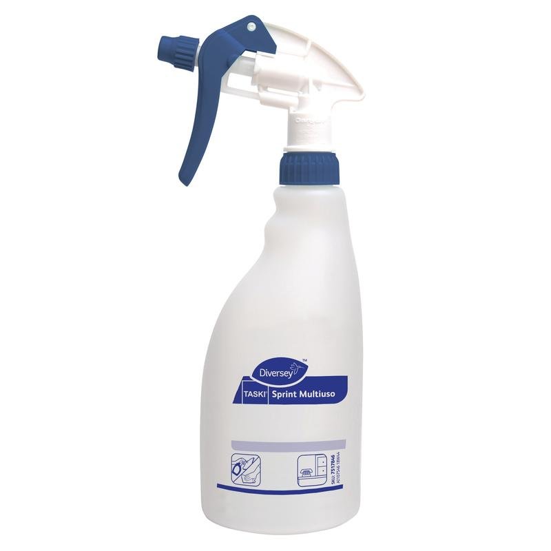A white 0.5L trigger spray bottle with a blue spray head and cap from Diversey Deutschland GmbH & Co. OHG, labeled "Sprint Multiuso." Designed for multipurpose cleaning; the label includes symbols for usage instructions.