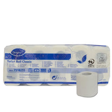 10er-Pack "Toilettenpapier Classic" von Diversey Deutschland, weißes 2-lagiges Zellstoff, 16,8m pro Rolle, 160 Blatt/Rolle (Ø98mm), umweltzertifiziert; Verpackung mit Produktangaben, Öko-Label und blau-weißem Design.