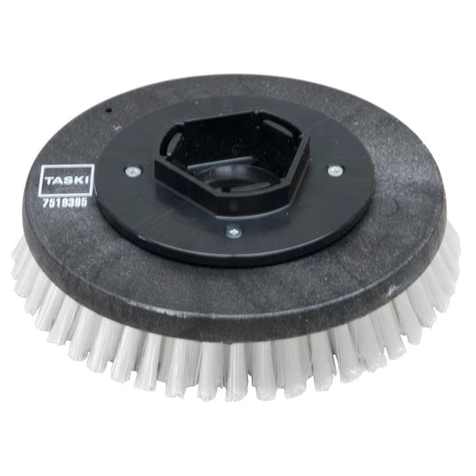 A round black plastic nylon scrub brush (28 cm) from Diversey Deutschland GmbH & Co. OHG, with stiff white bristles, compatible with the swingo 955/1255/2100/5000 for thorough cleaning—standard scrub brush, 1 piece per package.