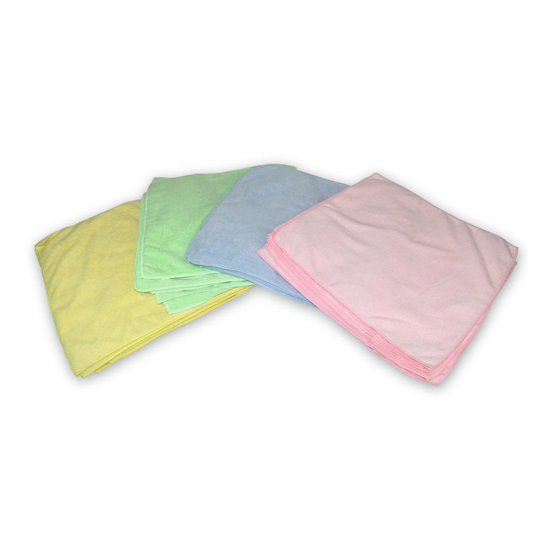 Four stacks of Nölle Profi Brush microfiber cloths Soft-Line cloths from Nölle Profi Brush brush & brush technology e.K. in the colors yellow, green, blue, and pink are arranged on a white background. Each stack consists of several neatly folded, versatile cleaning cloths.
