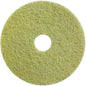 Das Diversey Twister Pad (gelb) der Diversey Deutschland GmbH & Co. OHG ist ein grobes, rundes gelblich-grünes Restaurationspad für Steinböden mit einem zentralen Loch, von oben auf weißem Hintergrund dargestellt.