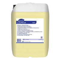 A 20-liter canister of Clax Calcsoft 13A1 Liquid Water Hardness Binder from Diversey Deutschland GmbH & Co. OHG, with a white cap, yellow liquid, and a front label featuring multilingual product information and instructions for commercial use.
