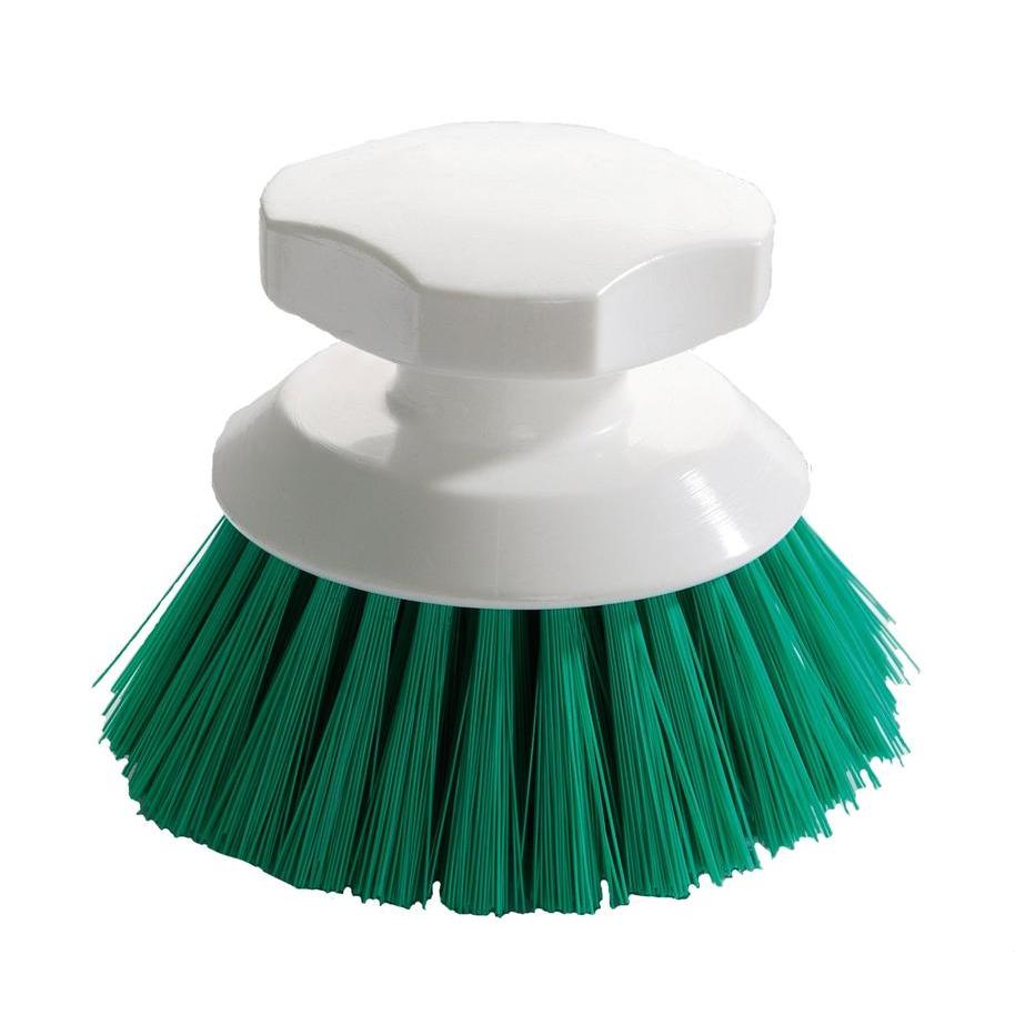 The green button brush from Diversey Deutschland GmbH & Co. OHG (90 x 120 mm), with hard bristles and a white plastic handle, offers a secure grip for effective cleaning due to the button-shaped top - 1 piece per package.